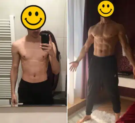 avant après d'une personne qui a suivi le programme sur 12 semaines de Bébé Musclé