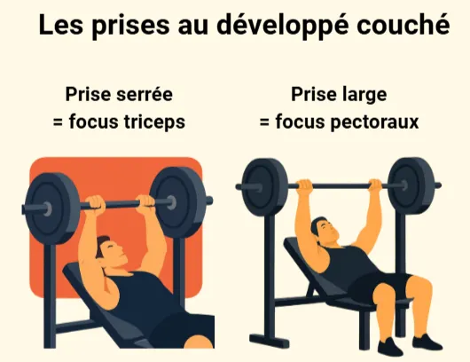 les différentes prises au développé couché (prise serrée et prise large)